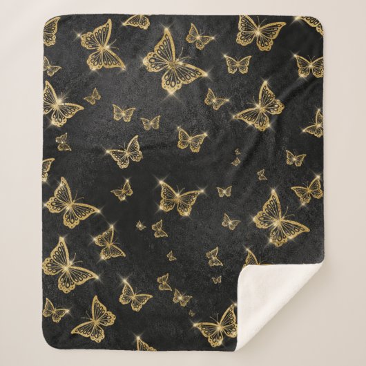 Couverture Sherpa Motif de glam or et papillons noirs (Devant)