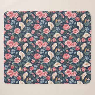 Couverture Sherpa Motif de jardin floral bleu marine romantique
