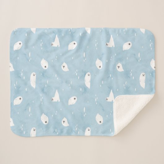 Couverture Sherpa Motif de phoque infantile en bleu Sage (Devant (Horizontal))