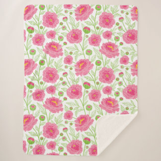 Couverture Sherpa Motif de pivoines roses