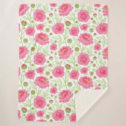 Couverture Sherpa Motif de pivoines roses (Devant)