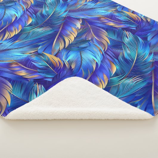 Couverture Sherpa Motif de plumes d'or bleu cobalt (3/4)