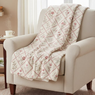 Couverture Sherpa Motif de treillis floral rose pastel vintage