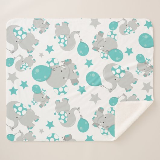 Couverture Sherpa Motif Des Eléphants, Eléphants Mignons - Gris Bleu (Devant (Horizontal))