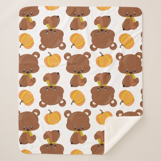 Couverture Sherpa Motif D'Ours, Ours Mignons, Automne, Citrouille (Devant)