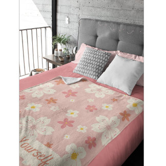 Couverture Sherpa Motif Fleur d'Affirmation Positive Rose Blanc
