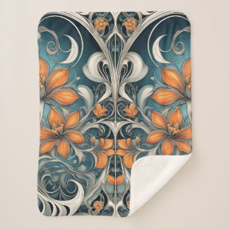 Couverture Sherpa Motif floral Art Nouveau sarcelle orange