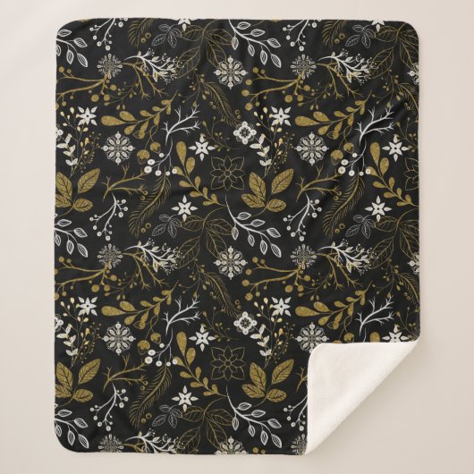 Couverture Sherpa Motif floral complexe avec or et blanc (Devant)