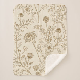 Couverture Sherpa Motif floral de dessin au trait botanique sépia an