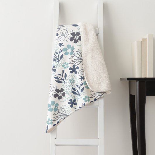 Couverture Sherpa Motif floral en bleu blanc et turquoise