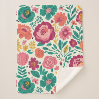 Couverture Sherpa Motif Floral Rétro Fleuris Gras Fantaisiste
