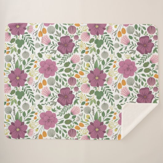 Couverture Sherpa Motif Floral tendance rose jaune pourpre vert (Devant (Horizontal))
