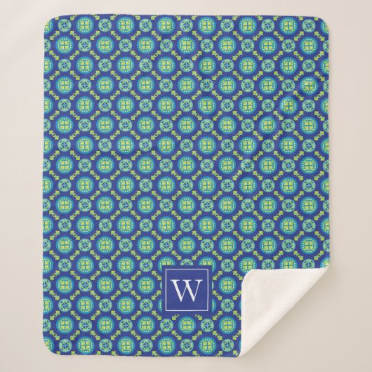 Couverture Sherpa Motif géométrique bleu monogramme (Devant)