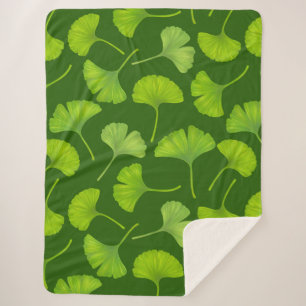 Couverture Sherpa Motif Ginkgo sur vert foncé