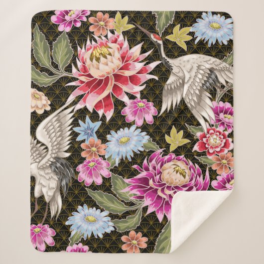 Couverture Sherpa Motif japonais avec fleurs et grues blanches (Devant)