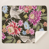 Couverture Sherpa Motif japonais avec fleurs et grues blanches (Devant (Horizontal))