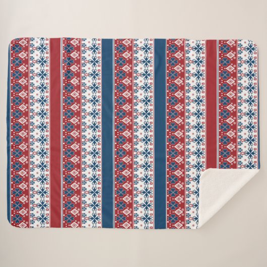 Couverture Sherpa Motif norvégien rayé bleu rouge (Devant (Horizontal))