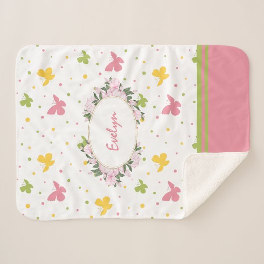 Couverture Sherpa Motif Pastel Butterfly avec Fleurs et Nom (Devant (Horizontal))