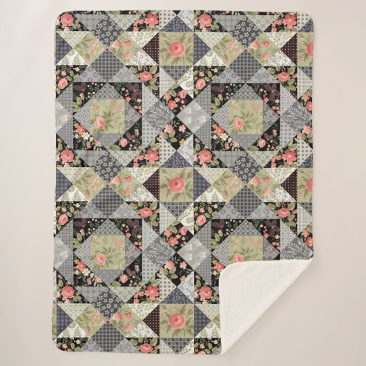 Couverture Sherpa Motif Patchwork Papillons Fleurs Rose de feuillage (Devant)