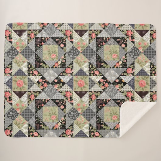 Couverture Sherpa Motif Patchwork Papillons Fleurs Rose de feuillage (Devant (Horizontal))