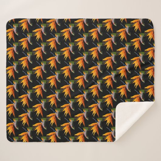 Couverture Sherpa Motif Plante Orange Bird of Paradise sur Noir (Devant (Horizontal))