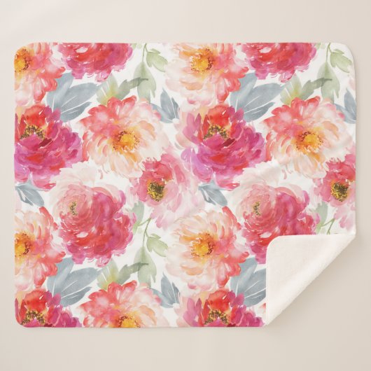 Couverture Sherpa Motif rose Aquarelle Peony (Devant (Horizontal))