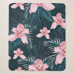 Couverture Sherpa Motif sans couture avec fleurs Orchidée, métro col