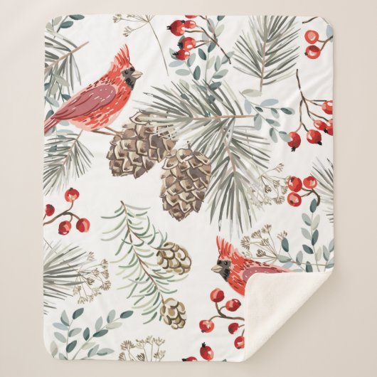 Couverture Sherpa Motif sans soudure de Noël, oiseaux cardinaux, rou (Devant)