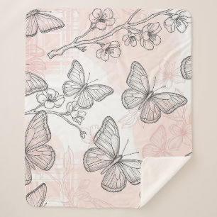 Couverture Sherpa Motif toile de fond botanique papillon vintage (6)