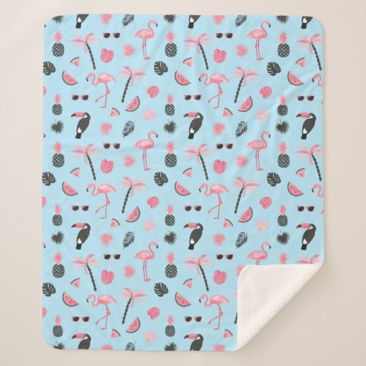 Couverture Sherpa Motif tropical d'été rose et bleu (Devant)