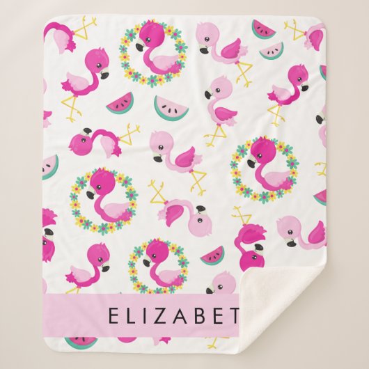 Couverture Sherpa Motif tropical, Flamants roses, Fleurs, Votre Nom (Devant)