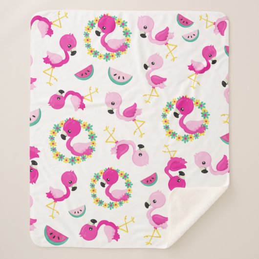 Couverture Sherpa Motif tropical, Flamants roses, pastèques, Fleurs (Devant)