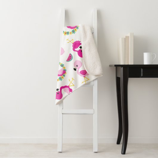 Couverture Sherpa Motif tropical, Flamants roses, pastèques, Fleurs (En situation)