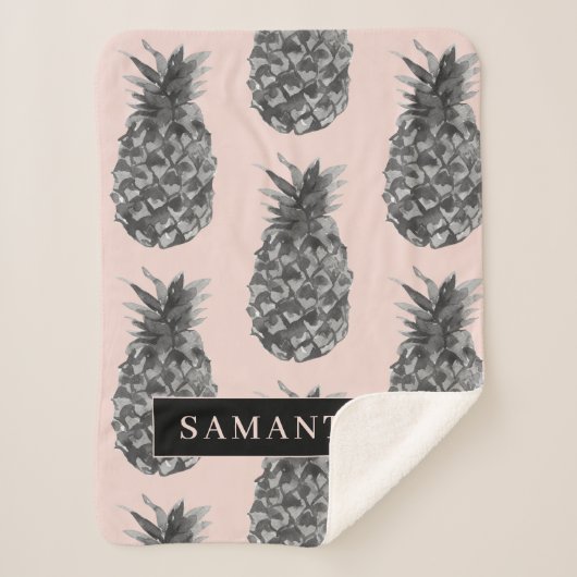 Couverture Sherpa Motif Tropical Grey & Rose Ananas Avec Nom (Devant)
