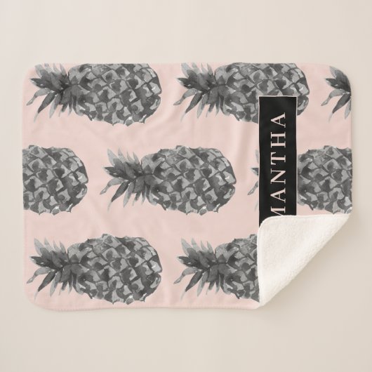 Couverture Sherpa Motif Tropical Grey & Rose Ananas Avec Nom (Devant (Horizontal))