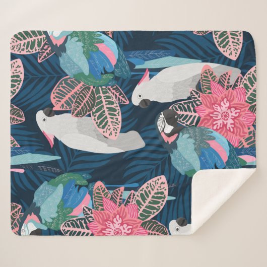 Couverture Sherpa Motif tropical sans couture avec perroquets. Vinta (Devant (Horizontal))