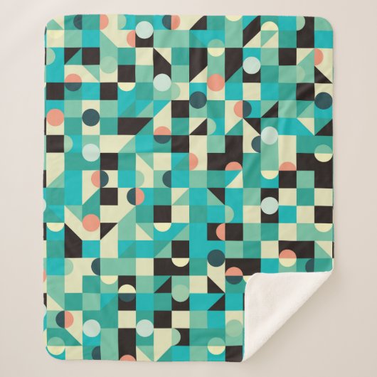Couverture Sherpa motif vintage avec triangles et cercles. (Devant)