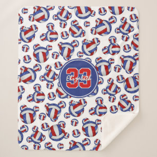 Couverture Sherpa motif volleyballs blanc et bleu