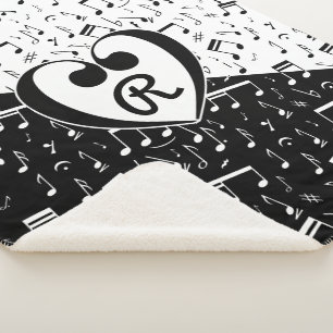 Couverture Sherpa Musique d'amour noir et blanc monogramme