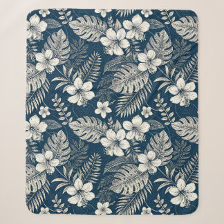 Couverture Sherpa Navy Blue Hibiscus Monstera Tropical Botanical