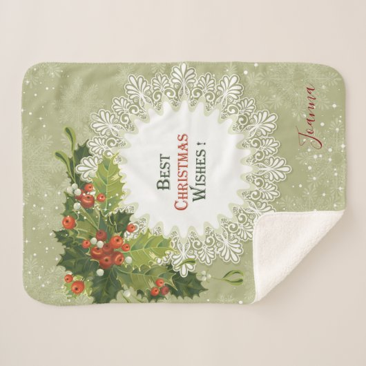 Couverture Sherpa Noël Berries rouges Green Wath White Snowflake (Devant (Horizontal))