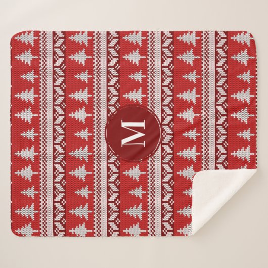 Couverture Sherpa Noël Red Nordic Fir Trees & Blanc | Monogramme (Devant (Horizontal))