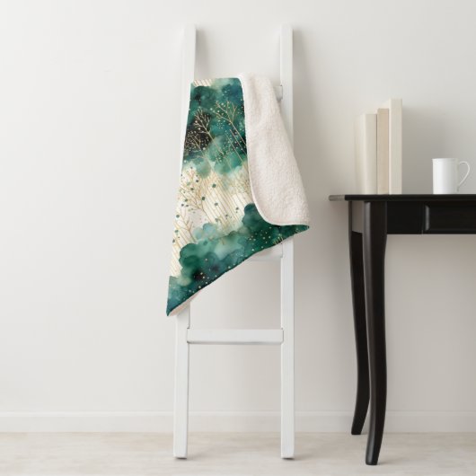 Couverture Sherpa Noël Vert Or Blanc Arbres (En situation)