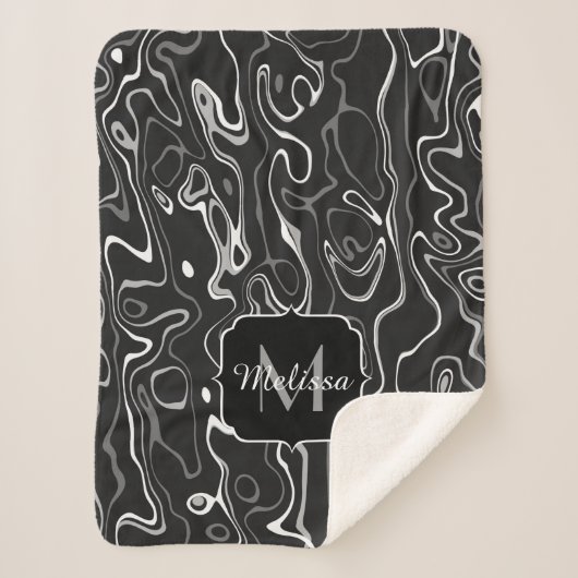 Couverture Sherpa Noir blanc gris damas tourbillons abstraits Monogr (Devant)