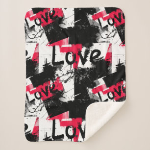 Couverture Sherpa Noir et blanc avec taches rouges amour motif