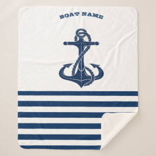 Couverture Sherpa Nom de bateau nautique, ancre  Rayures bleues et b
