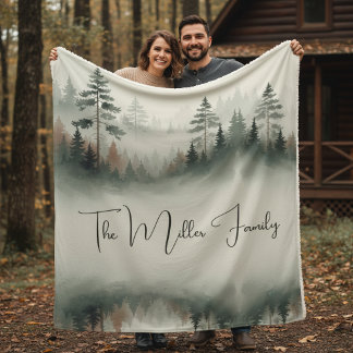 Couverture Sherpa Nom de famille personnalisé - Forêt aquarelle brum