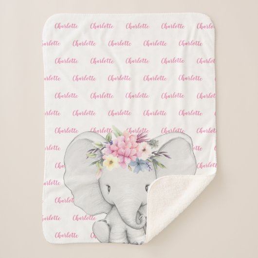Couverture Sherpa Nom de fille personnalisé rose éléphant floral (Devant)