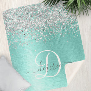 Couverture Sherpa Nom de monogramme pailleté argenté métallisé sarce
