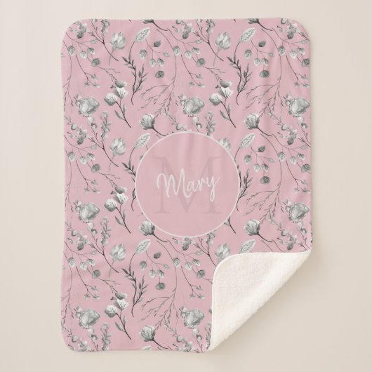 Couverture Sherpa Nom de monogramme rose floral personnalisé (Devant)